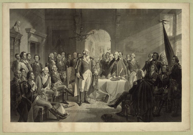 A print of Gen. George Washington standing among his fellow Revolutionary War generals.