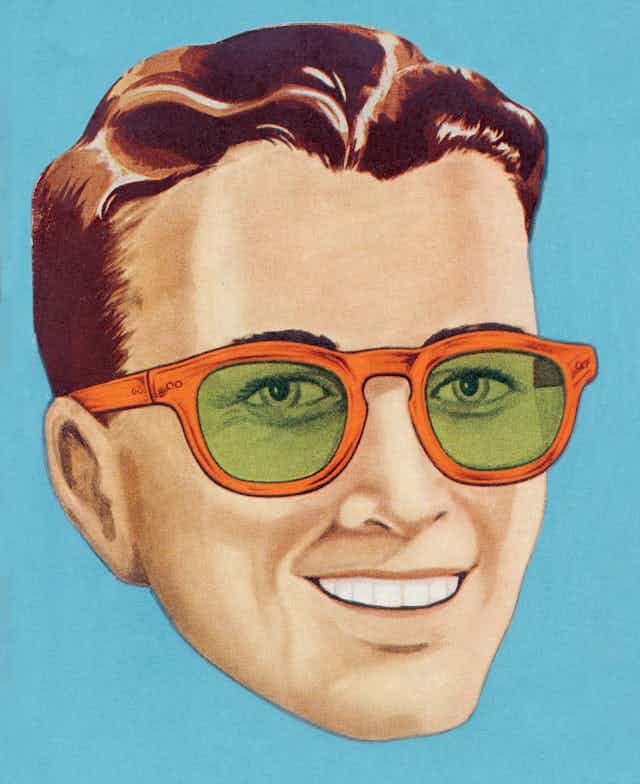 Old-fashioned-looking illustration of a man's head, smiling and wearing sunglasses