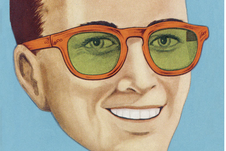 Old-fashioned-looking illustration of a man's head, smiling and wearing sunglasses