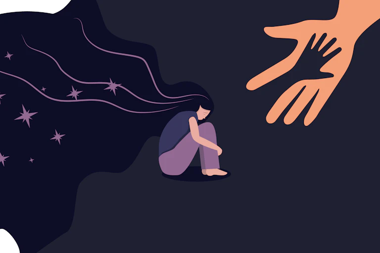 Illustration of a girl hugging her knees, with a helping hand reaching down in the background