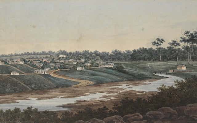The township of Parramatta on the banks of Parramatta River in the early 19th Century 