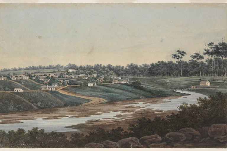 The township of Parramatta on the banks of Parramatta River in the early 19th Century