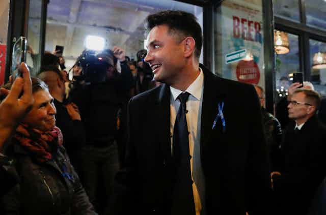 Péter Márki-Zay smiles in reaction to winning the opposition primary in Hungary