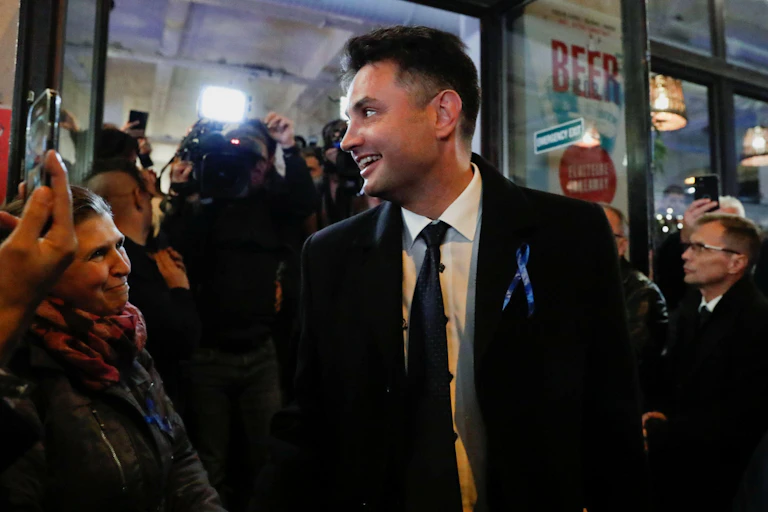 Péter Márki-Zay smiles in reaction to winning the opposition primary in Hungary