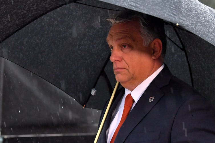 Hungarian Prime Minister Viktor Orban under a large, black umbrella