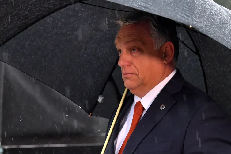 Hungarian Prime Minister Viktor Orban under a large, black umbrella