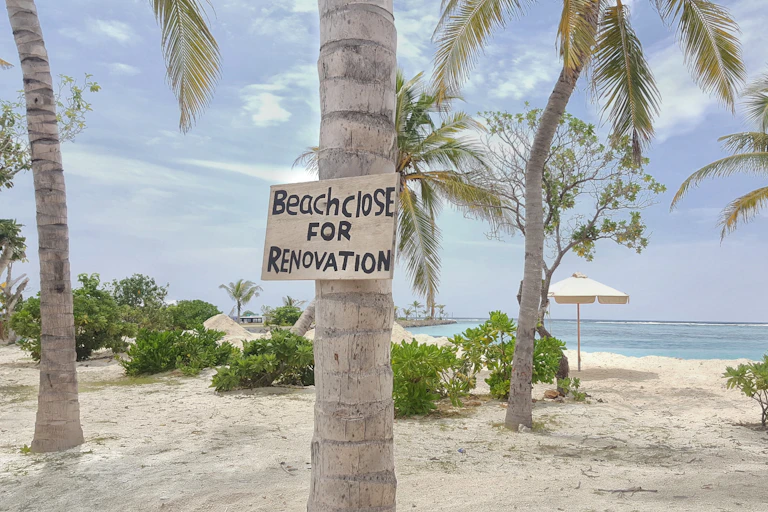 A sign on a palm tree reading 'Beach close for renovation'