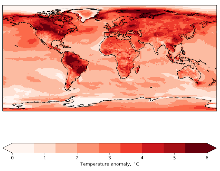 A world map coloured red, with darker areas indicating greater temperature rises (up to 6°C).