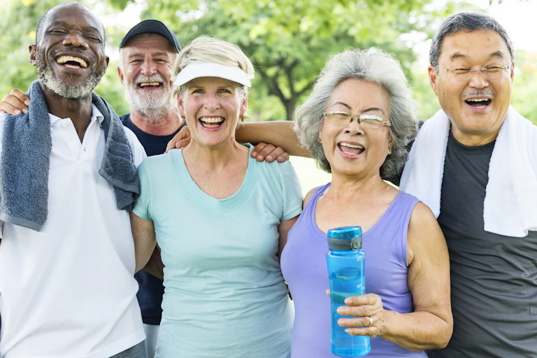 Image of a senior group of friends having done exercise together