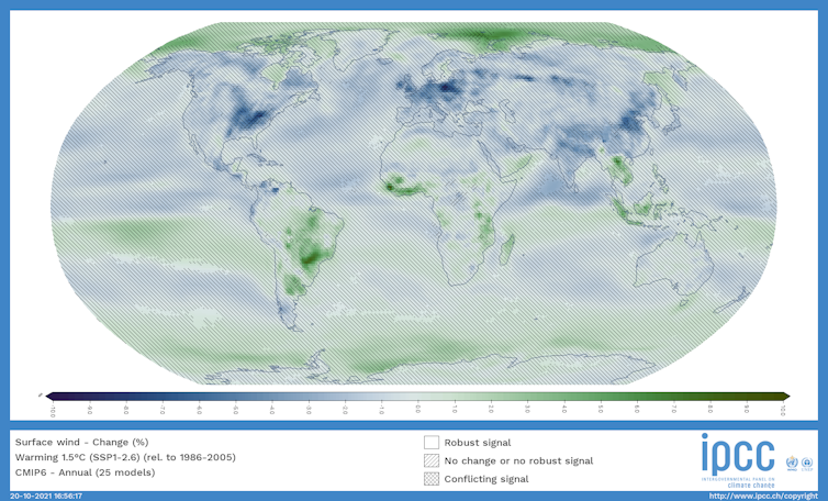 World map with dark blue (less wind) in Europe, North America and China