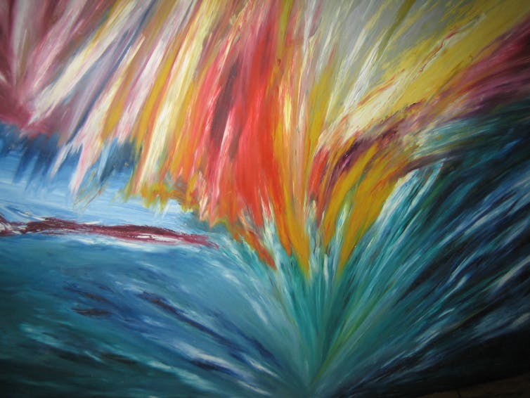 Bright paintings with erratic brush strokes.
