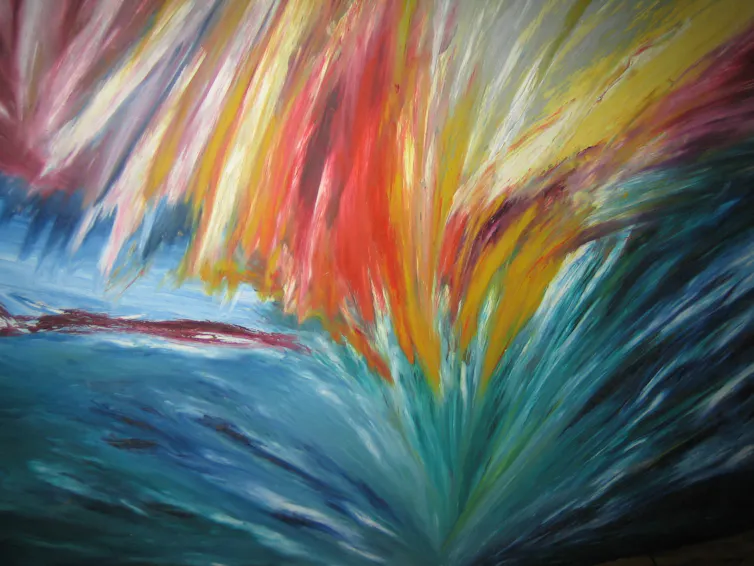 Bright paintings with erratic brush strokes.