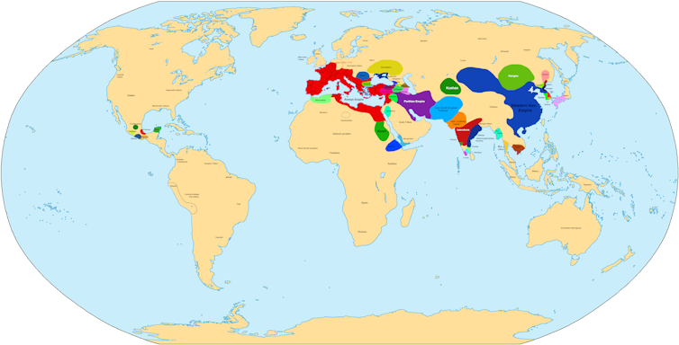 A map of the world showing the extent of large empires in Eurasia, Africa and the Americas.