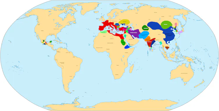 A map of the world showing the extent of large empires in Eurasia, Africa and the Americas.