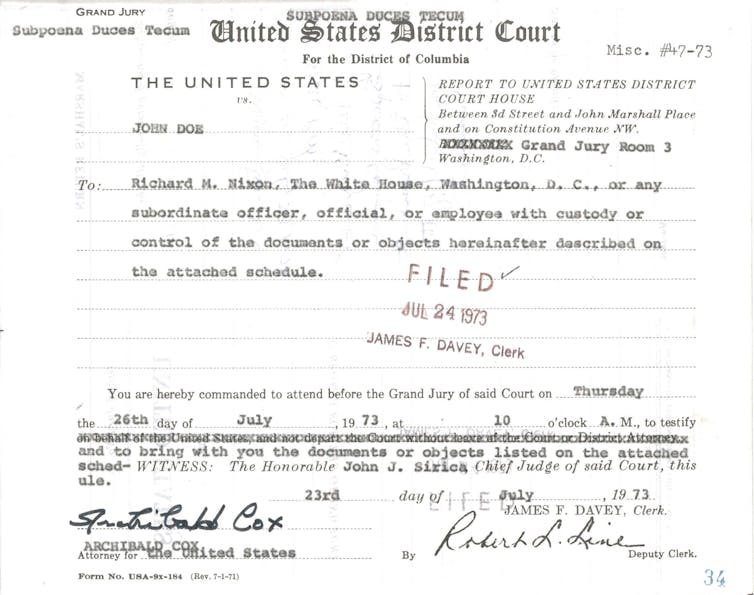 The first page of the grand jury subpoena to President Nixon in the Watergate case.