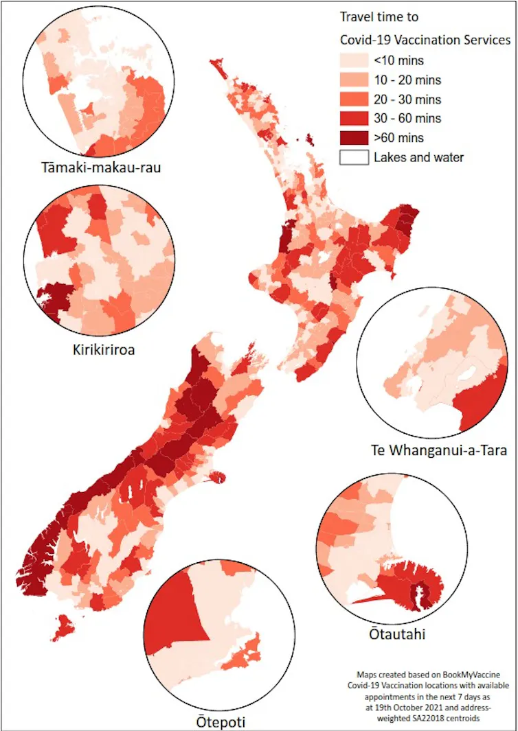 This map shows travel times to vaccination centres with appointments available within seven days.