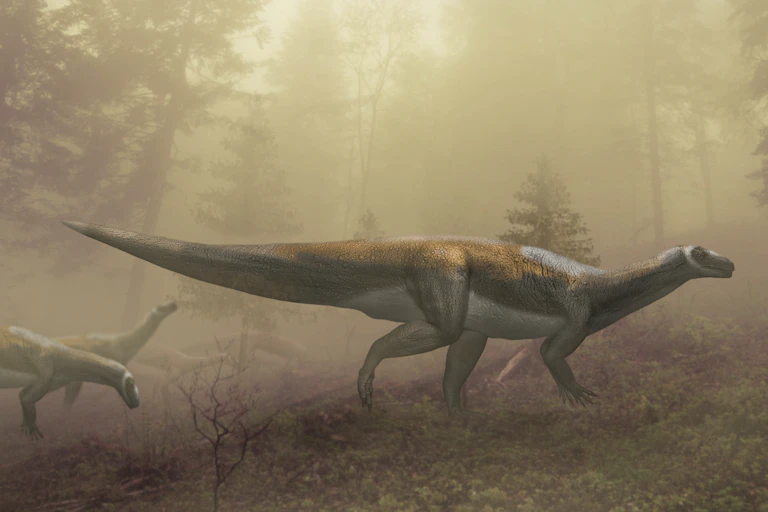 Hypothetical reconstruction of Australia's oldest dinosaur based on 220 million year old fossilised tracks from the Ipswich Coal Measures