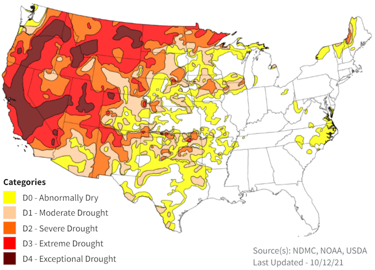 Heat map of drought in US Western states