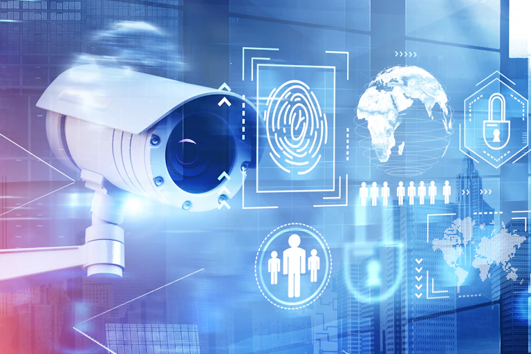 Graphic image of camera, fingerprint, map, lock and human figures