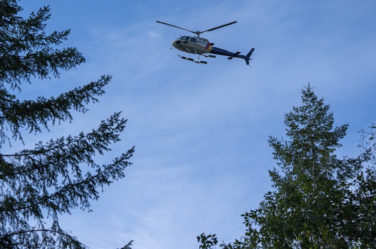 a helicopter is seen flying in the sky