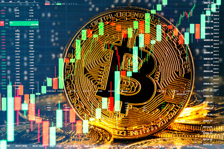 Bitcoin with background chart indicating growth.