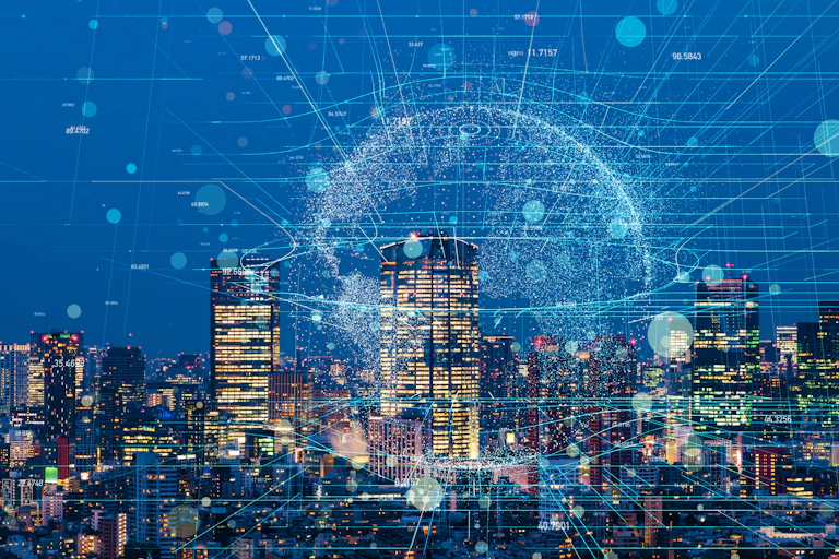 A digital rendition of a cityscape with superimposed technologies and networks