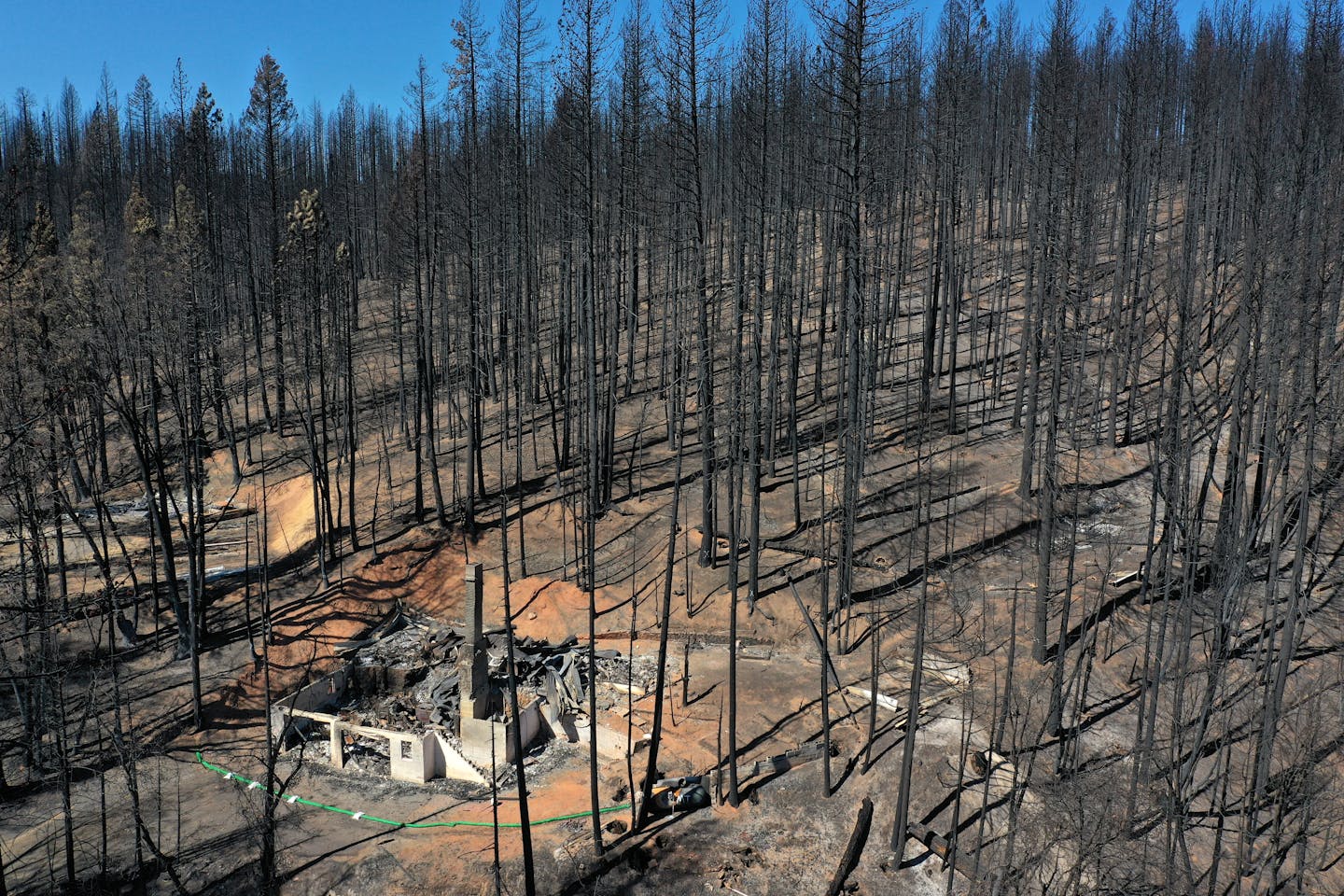 Burned trees on a hillside with no needles and a fire-damaged home. The ground is bare.