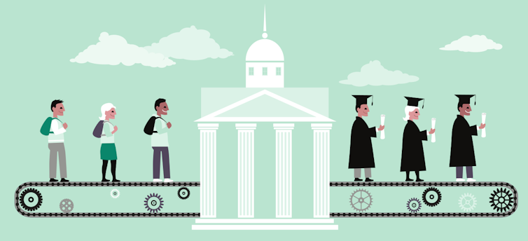 Illustration of students on a conveyer belt taking them into university that turns out graduates
