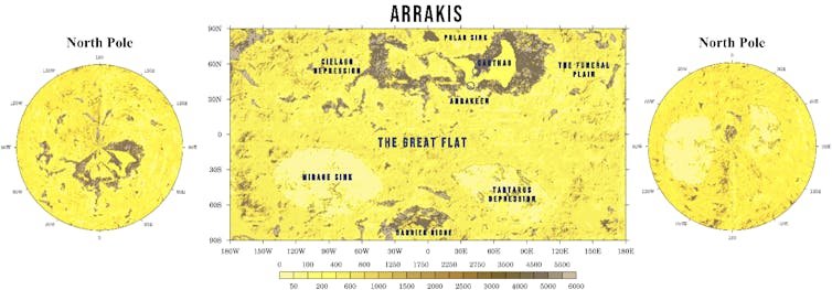 Topography and atmosphere of Arrakis on three yellow and brown maps