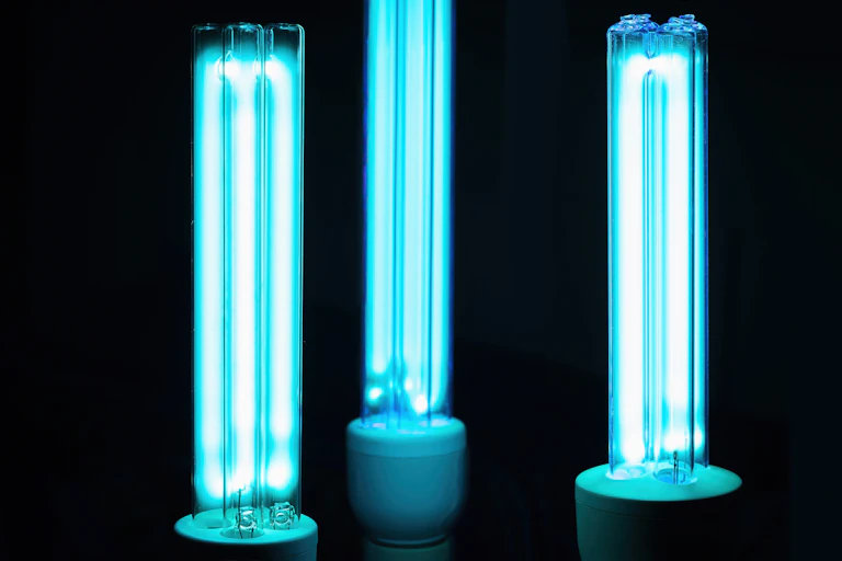 Three light bulbs glowing blue.