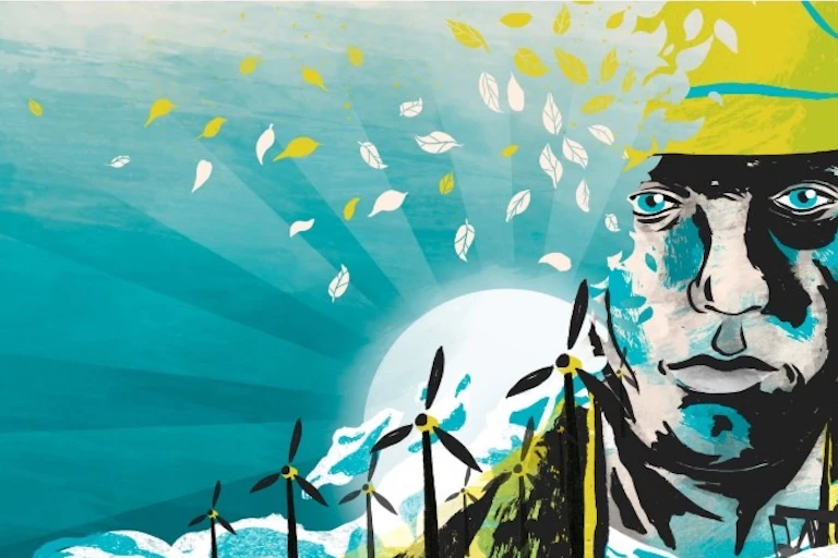 A mural showing a miner wearing a hardhat surrounded by smokestacks and windmills.