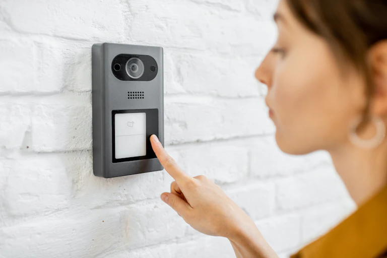 A woman rings a smart doorbell.