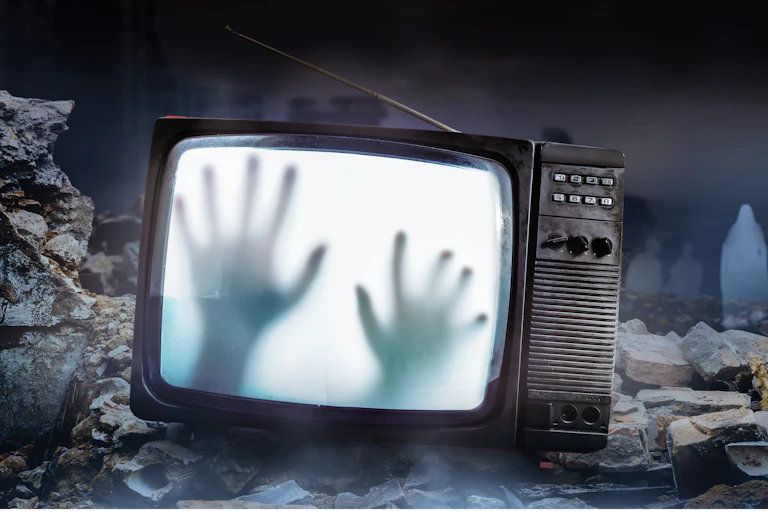 Spooky hands on TV screen.