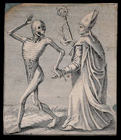 skeleton takes the hand of a bishop in an etching