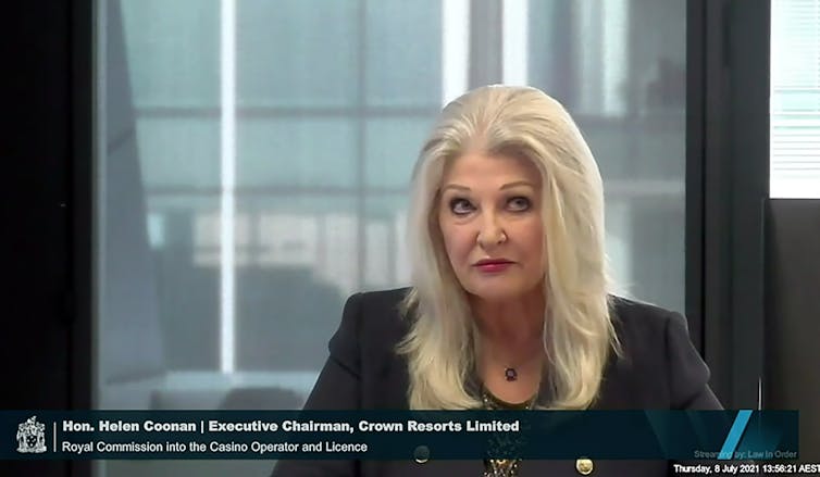 Crown Resorts’ executive chair Helen Coonan, a former federal minister, gives evidence to the Victorian royal commission into Crown’s Melbourne casino on Thursday, July 8 2021.