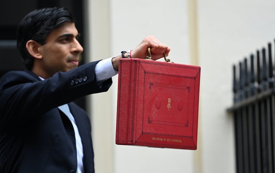 Rishi Sunak holding up the red briefcase