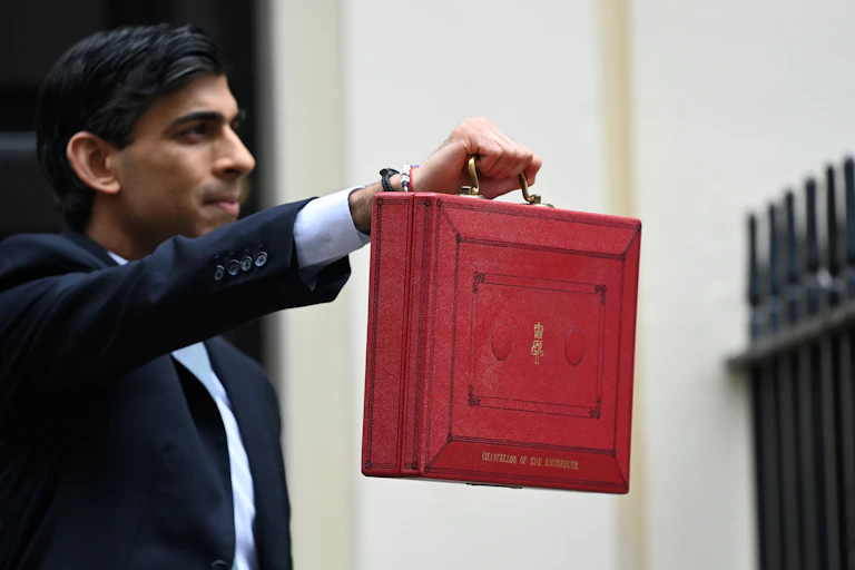 Rishi Sunak holding up the red briefcase