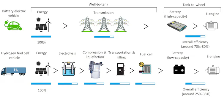 This graph shows efficiency losses for battery electric and hydrogen fuel cell electric vehicles.