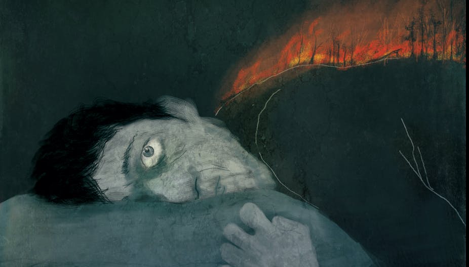 Illustration of a man lying on a pillow look anxious while a forest fire rages on his back.