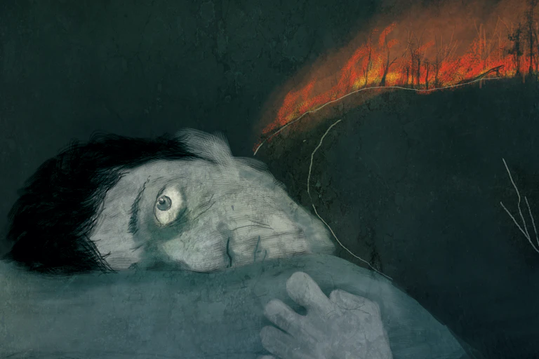 Illustration of a man lying on a pillow look anxious while a forest fire rages on his back.