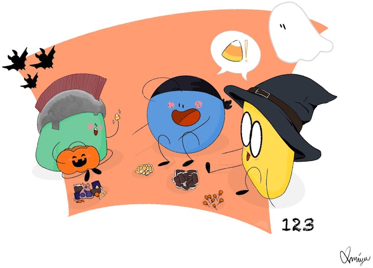 three cartoon characters who are a circle, square and triangle sort candy.