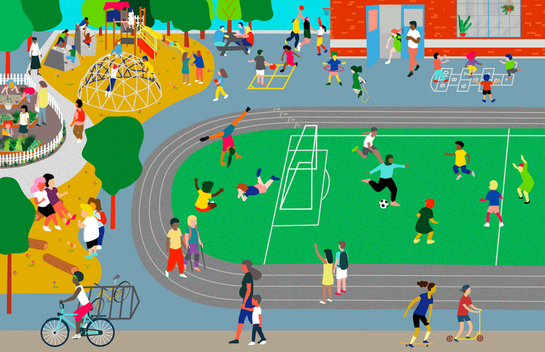 Illustration of a vibrant schoolyard, showing diverse students playing on a field, a play structure, and with a garden area.