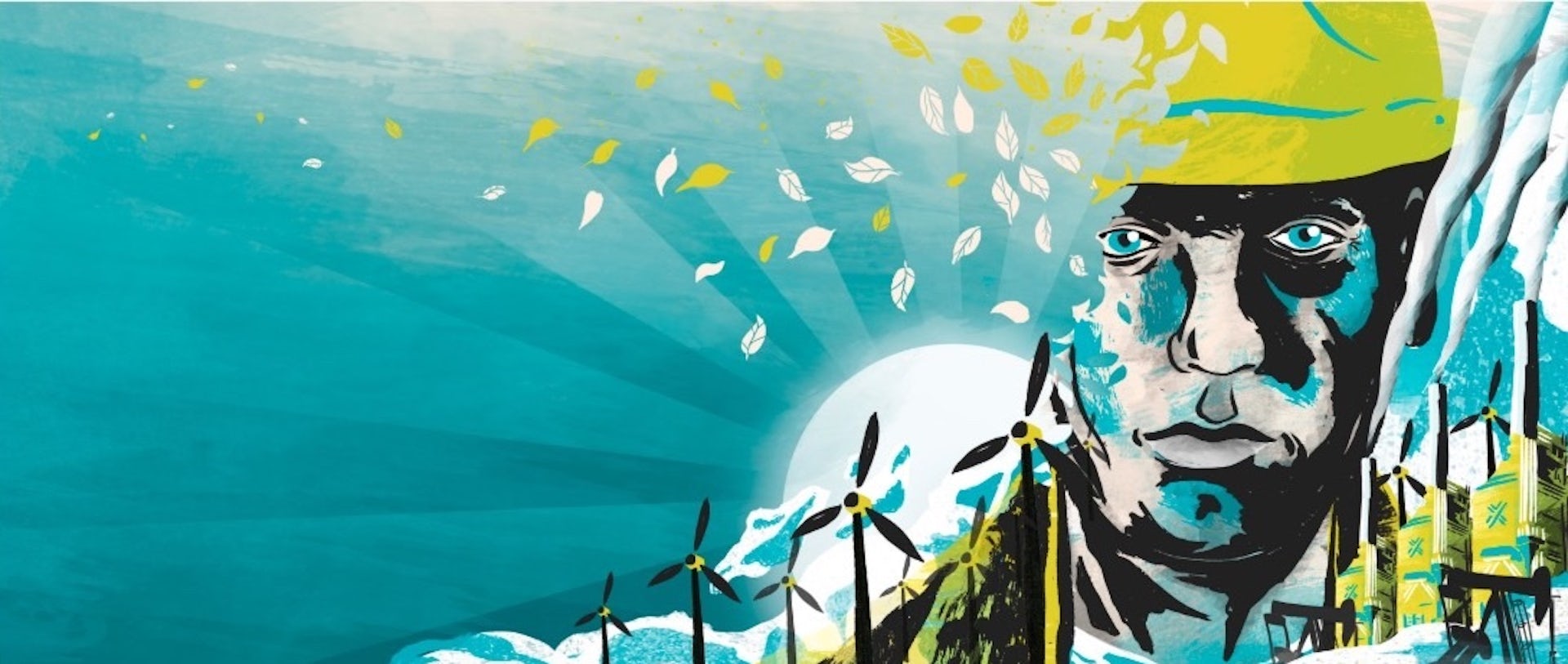 Une peinture murale représentant un mineur portant un casque de sécurité entouré de cheminées et de moulins à vent.