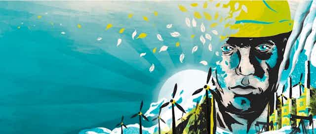 Une peinture murale représentant un mineur portant un casque de sécurité entouré de cheminées et de moulins à vent.