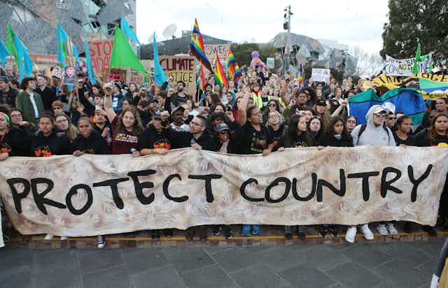 A large group of protesters hold a banner that reads 'protect country'.