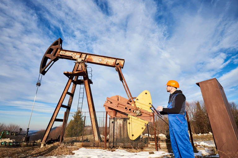 An engineer inspects an oil pump.