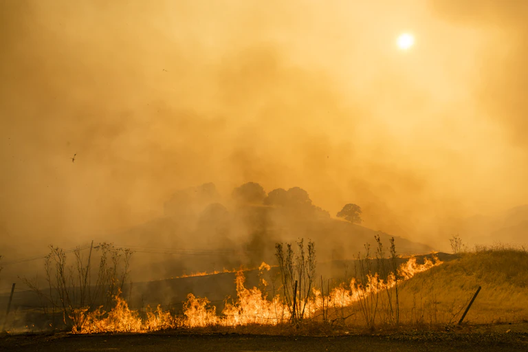 Flames burn across the landscape and wildfire smoke darkens the sky.