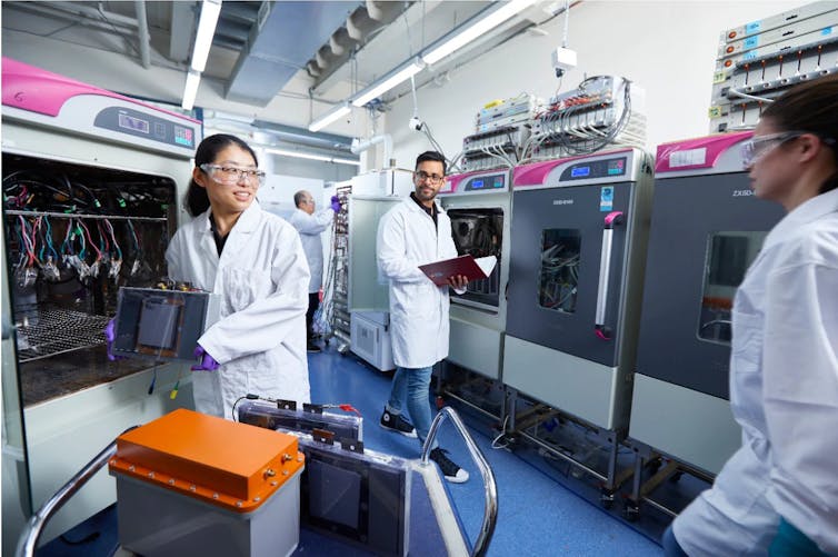 Researchers at work in Gelion's laboratory where a zinc-bromine battery is being developed.