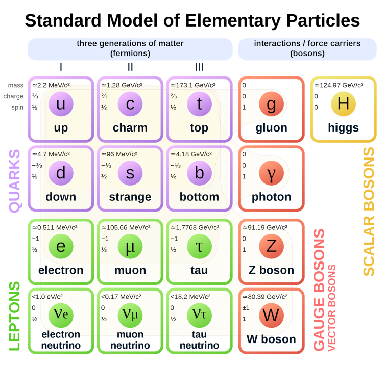 The 17 particles of the Standard Model. The 12 fermions on the left make up matter, while the 5 bosons on the right carry forces. The three known neutrinos are on the bottom row. MissMJ / Wikimedia, CC BY