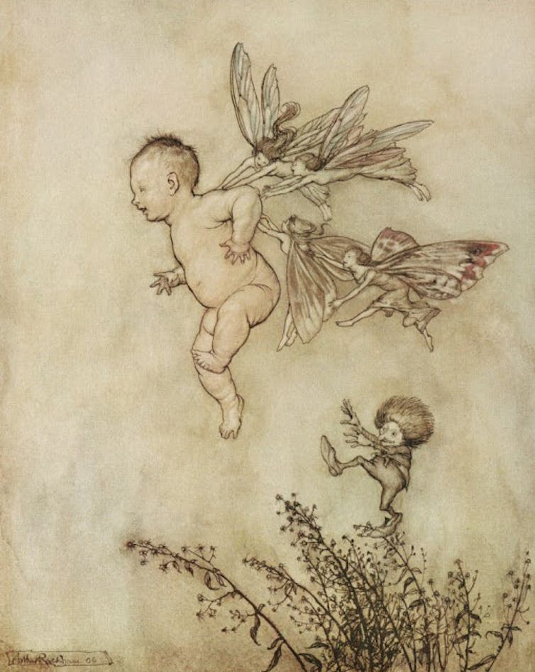 A baby being carried off by fairies.